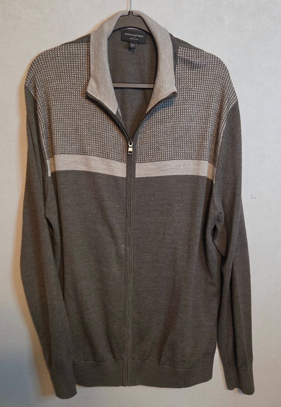 Men's Banana Republic Brown/Tan full-zip mock-neck sweater Merino Wool blend XXL